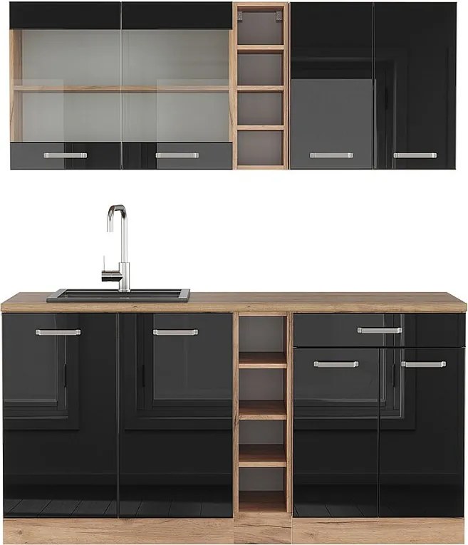 Pojedyncza kuchnia czarny/złoty dąb o wysokim połysku 160x60x81.6 r-line