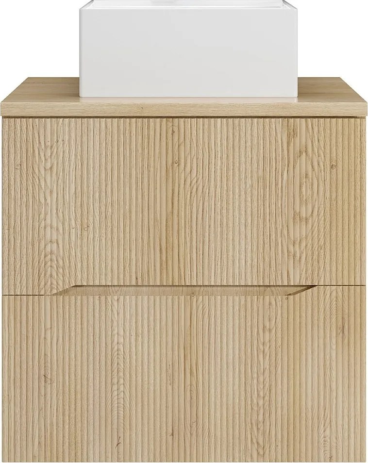 Szafka łazienkowa wisząca prążkowana z kwadratową umywalką nablatową – Jasny naturalny – 60 cm – ORISO