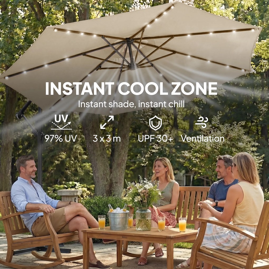 Outsunny Parasol ogrodowy LED Solar Ø300 cm obrotowy z korbą, stojakiem, pokrowcem beżowy | Aosom PL