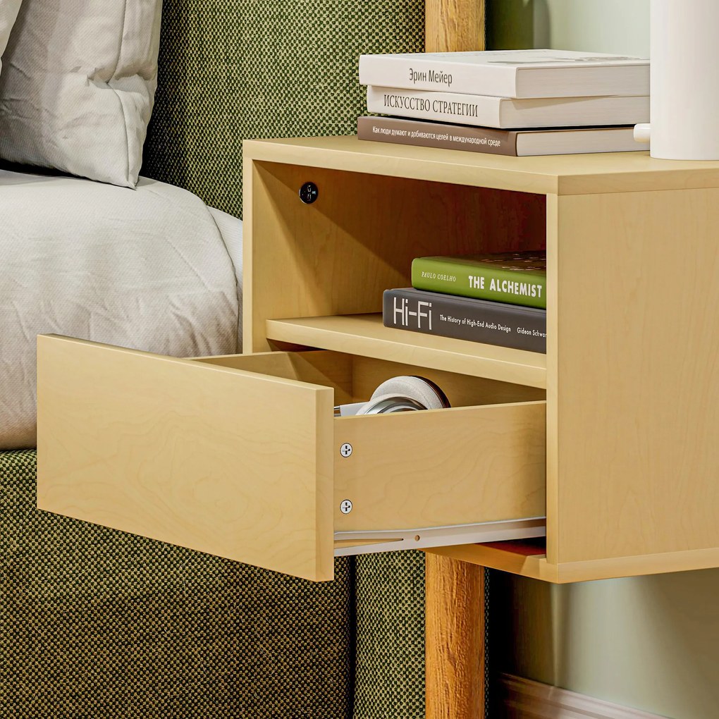 HOMCOM 2-częściowy zestaw wiszących stolików nocnych, Stolik nocny, Komoda nocna, Płyta wiórowa, Naturalny, 45 x 35 x 27,5 cm