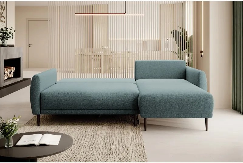 Narożnik BONO z funkcją spania Drewniane nóżki Eleganckie podłokietniki Głębokie siedzisko Prawa strona Barrel 72