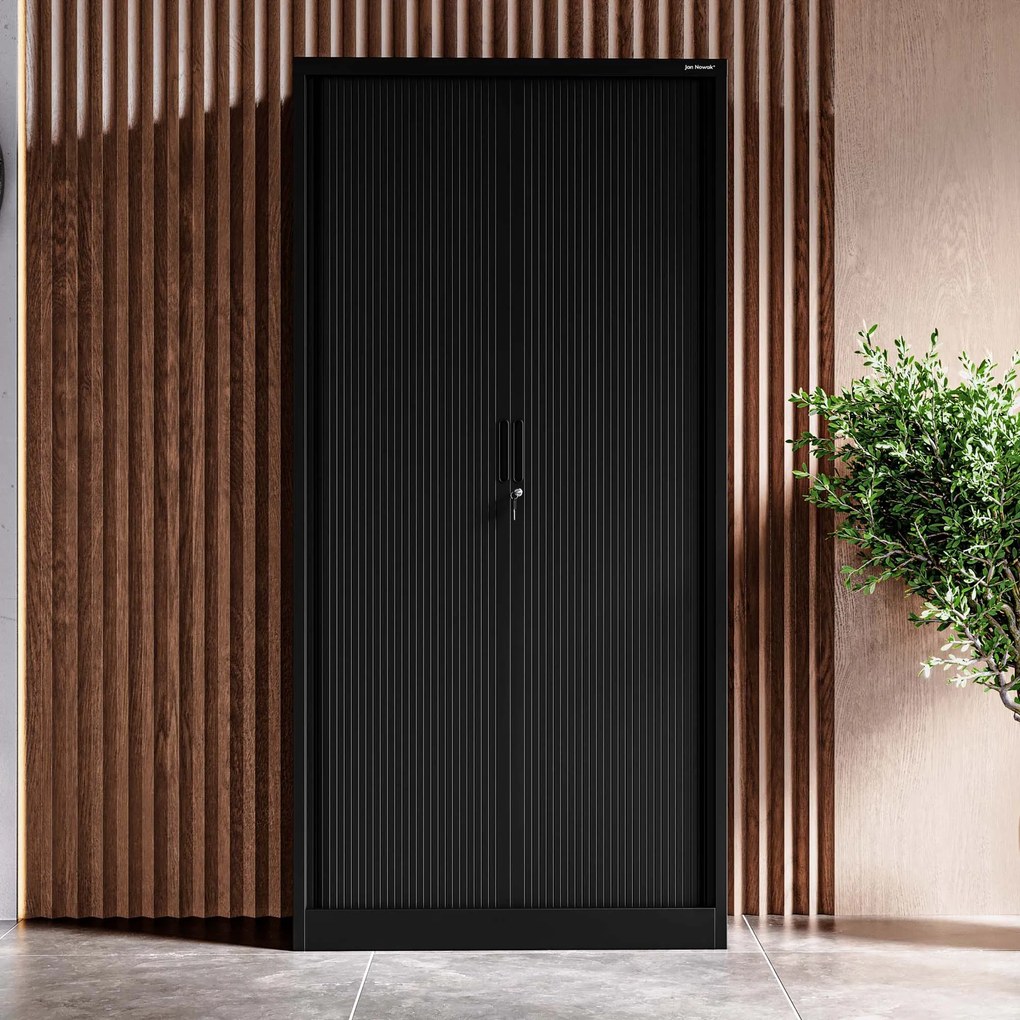 Metalowa szafa biurowa z roletą DAMIAN, 900 x 1850 x 450 mm, czarna