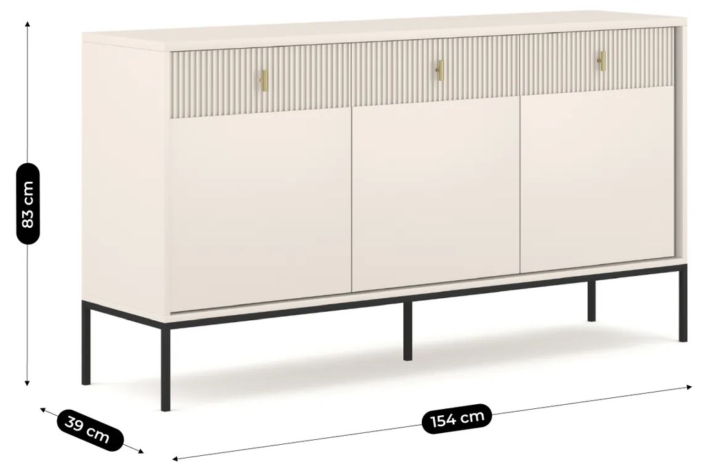 Komoda do Salonu Sypialni MARCOS 154 cm Kaszmir Ryflowana Trzydrzwiowa z Szufladami Nowoczesna