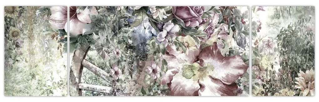 Obraz kwiatów na drewnianym kole (170x50 cm)