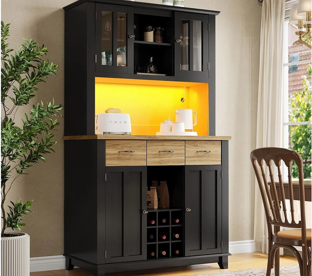 Kredens kuchenny z LED - Wys. 180cm - duża przestrzeń do przechowywania - Czarny