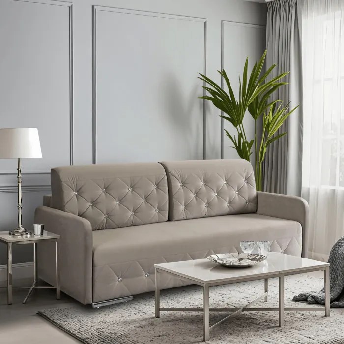 Sofa Rozkładana z Funkcją Spania VIVO Dwuosobowa Beżowa Glamour do Salonu