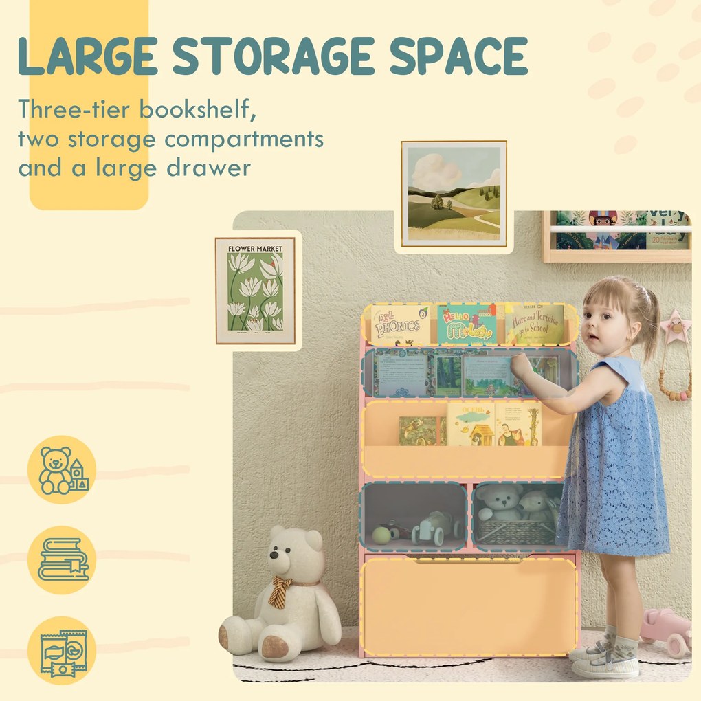 HOMCOM Regał dziecięcy z szufladą, półka na książki z półkami, 60 x 29,9 x 90 cm, Różowy