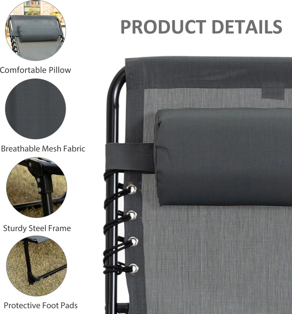 Outsunny Leżak składany z poduszką na szyję, rama ze stali, pokrycie siatkowe, nośność 120 kg, Szary