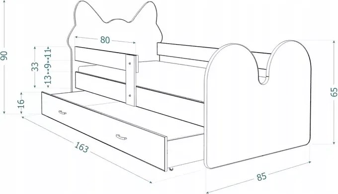 Łóżko dziecięce Mruczek z szufladą 80x140/160/180 barierka kotek MDF + stelaż Flex