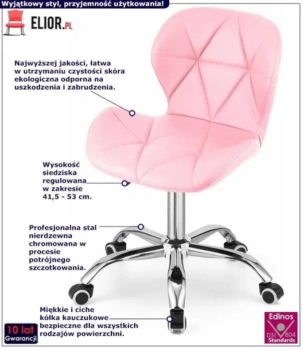 Różowy pikowany fotel obrotowy - Infis 3X