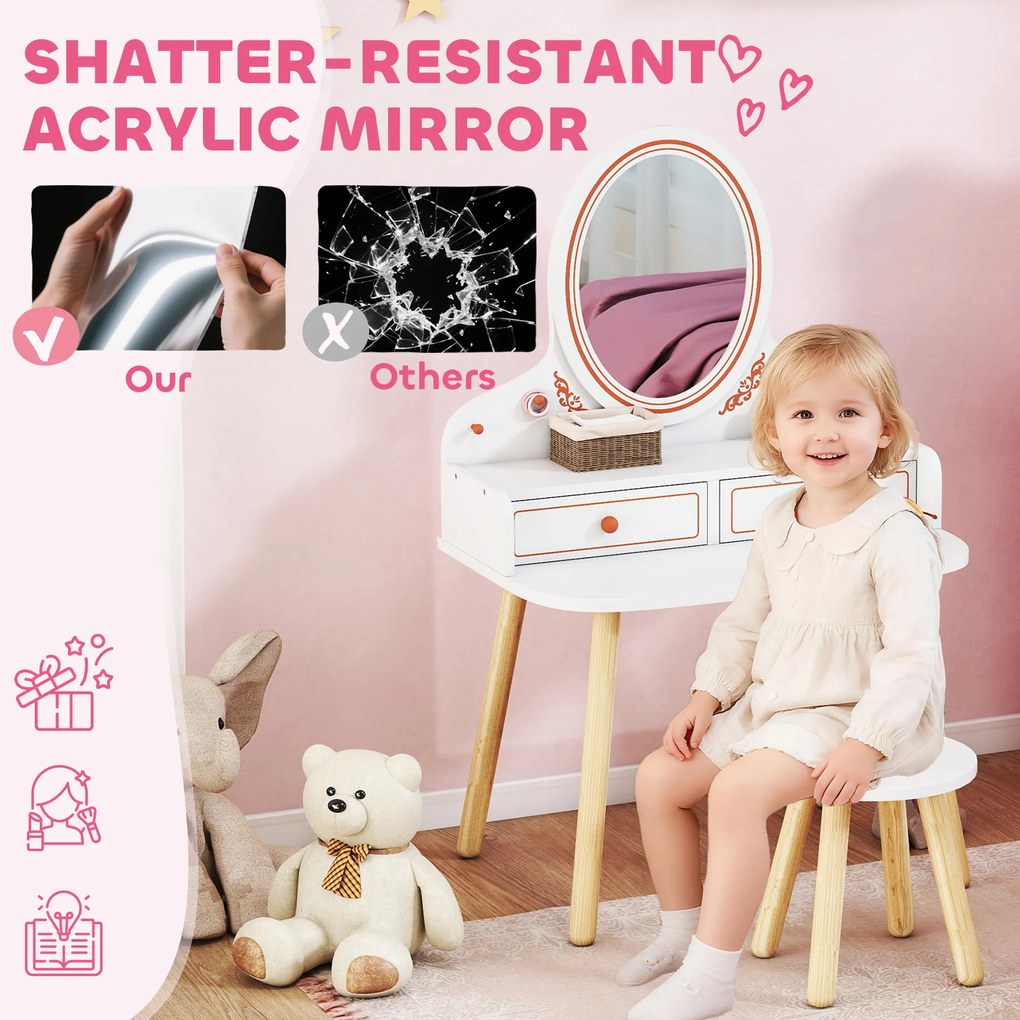 AIYAPLAY Dziecięcy Stolik do Makijażu Zestaw z Taboretem Lustrem Szufladami Drążkami na Ubrania dla 3-8 Lat 56 x 38 x 87,8 cm Biały | Aosom PL