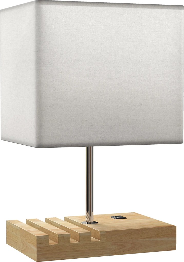 HOMCOM Lampka nocna, złącza USB, drewno, tkanina, przełącznik kołyskowy, przegródki, biały