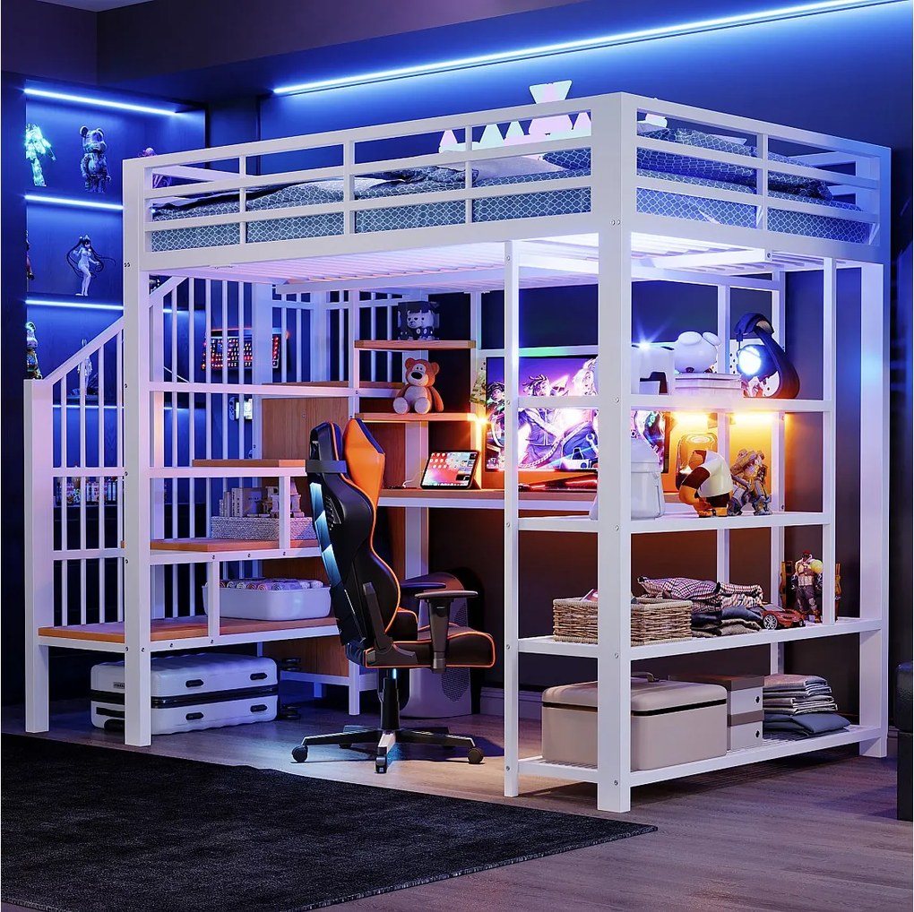 Łóżko piętrowe żelazne - 140 x 200 cm - z biurkiem + oświetleniem LED + półkami i drabinką - metal + płyta MDF - białe