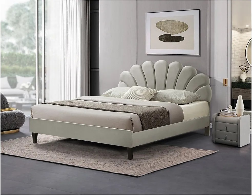 Podwójne łóżko z aksamitu "Manon" w kształcie muszli 160 x 200 cm Szare