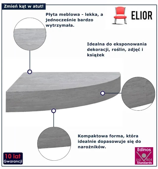 Ścienna narożna półka szarość betonu W8-W91