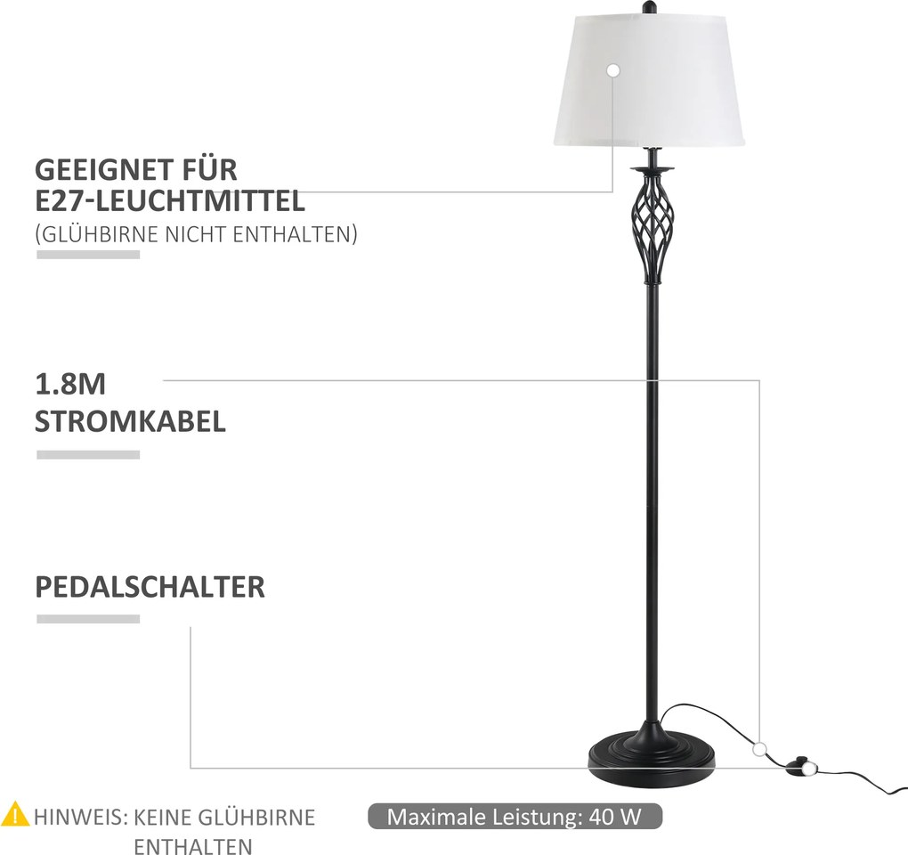 Zestaw 3 lamp HOMCOM: 2 lampy stołowe (ø38 x 158H cm) + 1 lampa stojąca (ø30 x 62H cm), metal, PS, poliester, bawełna, styl vintage, czarny+biały