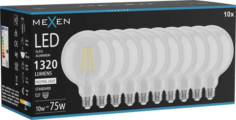 Mexen Vintis 10x żarówka filament LED E27, G125, 10W, Neutralna - 4000K, 1320 lm, clear - L158-E27-1040-00x10