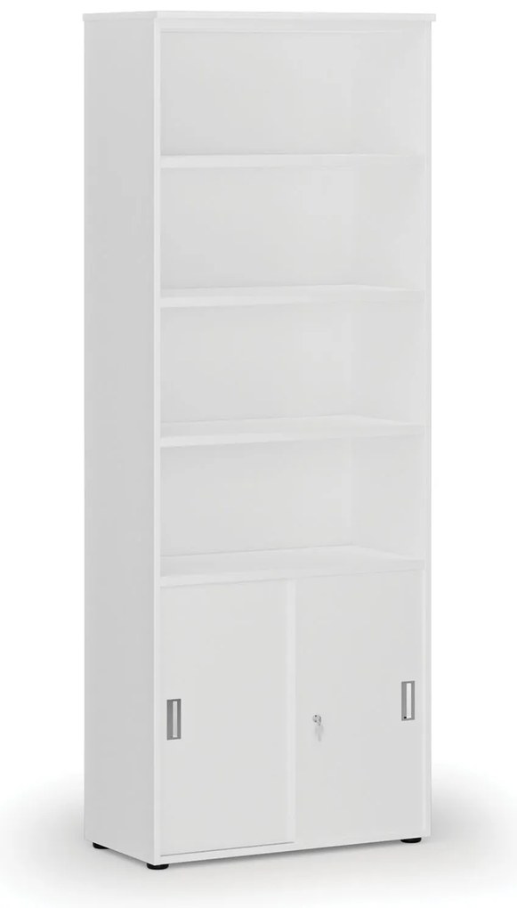 Szafa biurowa kombinowana PRIMO WHITE, drzwi przesuwne na 2 poziomach, 800 x 420 x 2128 mm, biały