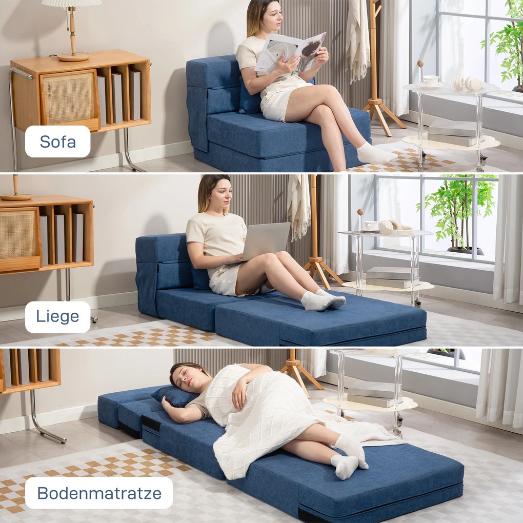 HOMCOM Sofa podłogowa rozkładana tapicerowana granatowa wygodna materac piankowy z poduszką do salonu | Aosom PL