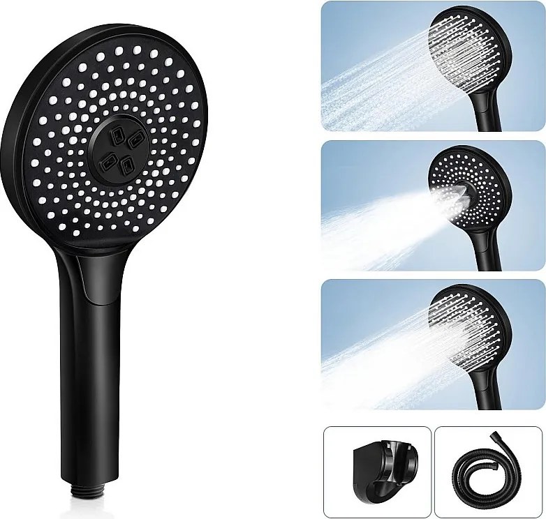 NETTLIFE Czarna okrągła słuchawka prysznicowa oszczędzająca wodę z 3 końcówkami natryskowymi