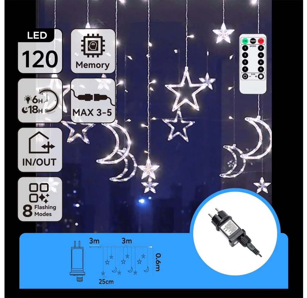Aigostar - Zewnętrzny łańcuch świąteczny LED 120 diod/6W/230V/8 funkcji 3x0,6m IP44 zimna biel DO
