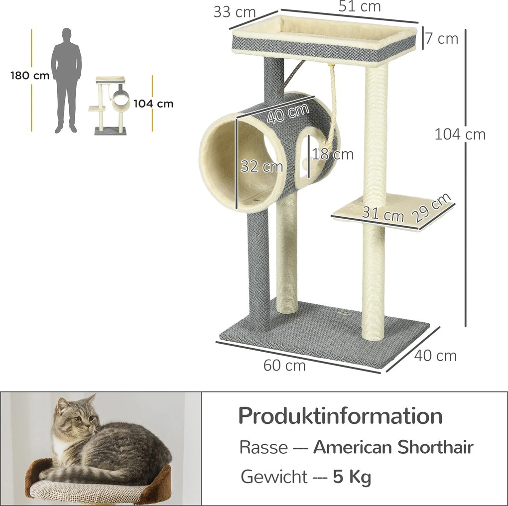PawHut Drzewko dla kota z zabawką piłeczką i drapakiem Komfort i rozrywka dla kota Szary Beż Krem | Aosom PL