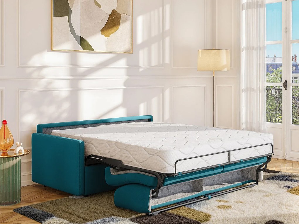 Kanapa 4-osobowa rozkładana typu express z turkusowej tkaniny z siedziskiem z pianki z pamięcią kształtu - Powierzchnia spania 160 cm - Materac 22 cm z siedziskiem z pianki z pamięcią kształtu CALIFE