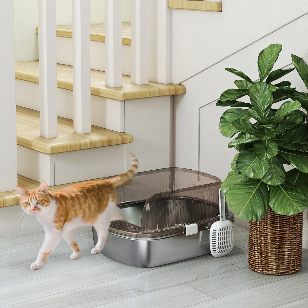 PawHut Kuweta ze stali nierdzewnej, toaleta dla kota z wysokim brzegiem, wanienka, w zestawie łopatka, dla dużych kotów, 53x42x27cm, antracytowy | Aosom PL