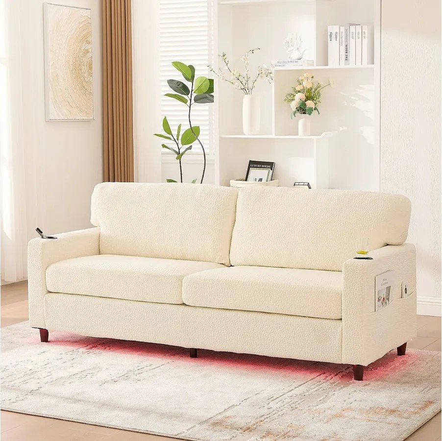 Sofa 2-osobowa z oświetleniem LED - Prosta sofa z uchwytem na kubek i kieszeniami bocznymi - beżowa tkanina szenilowa
