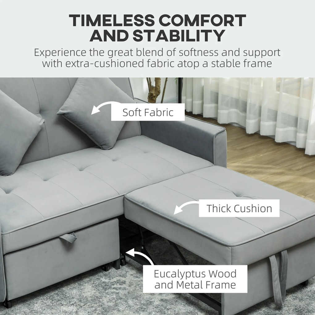 HOMCOM Sofa 4 w 1, regulowana sofa, sofa łóżko, z poduszkami, obicie z tkaniny, do salonu, sypialni, szara