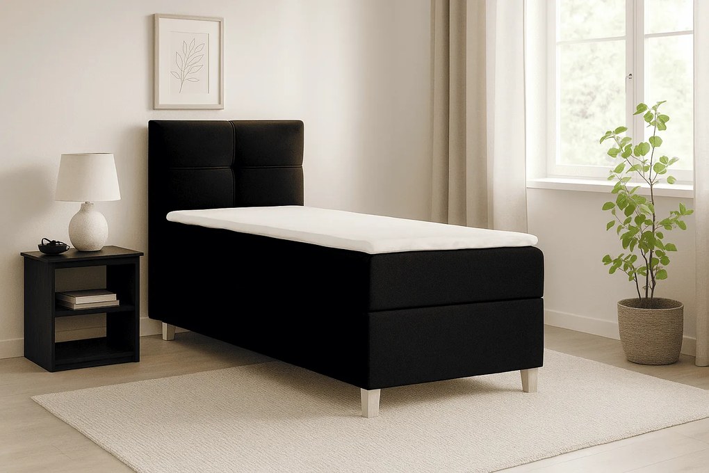 Ponadczasowe łóżko kontynentalne z eleganckim zagłówkiem - DOMI 90 cm, czarne, strona lewa