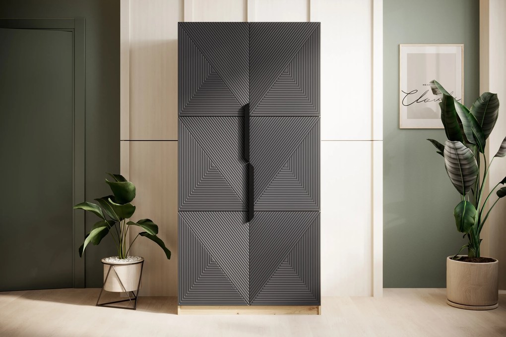 Szafa Asha 100 cm z ryflowanym frontem i metalowymi uchwytami- artisan / rivier stone mat / czarne uchwyty