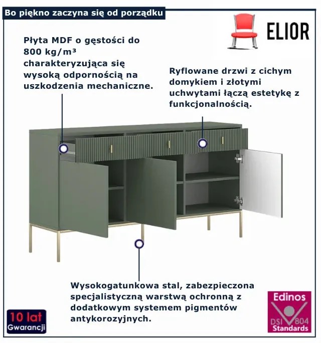 Zielona komoda ryflowana na złotych nóżkach E4-N12