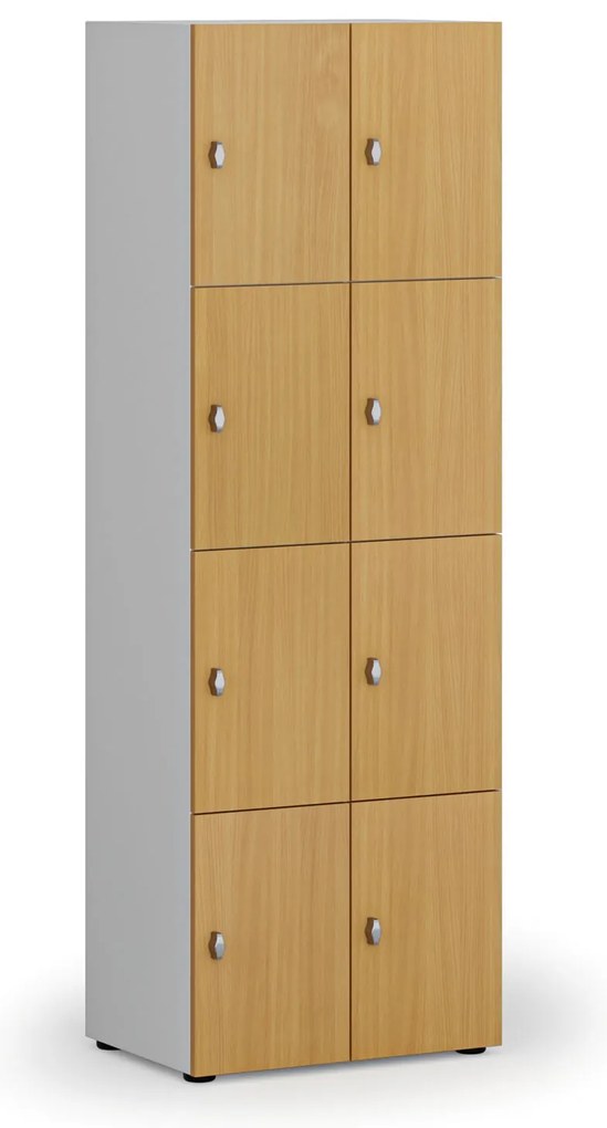 Drewniana szafka skrytkowa S4, 8 schowków, demontaż, zamek obrotowy, szary/buk