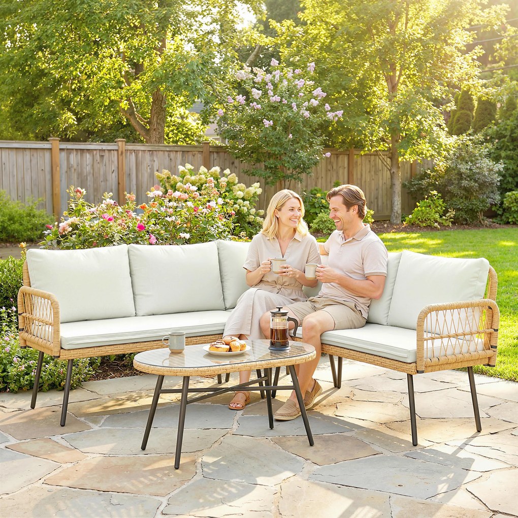 Outsunny 4-częściowy zestaw mebli ogrodowych z rattanu, zestaw z narożnikiem, sofą dwuosobową i stolikiem ze szkła, poduszki dla 5 osób | Aosom PL