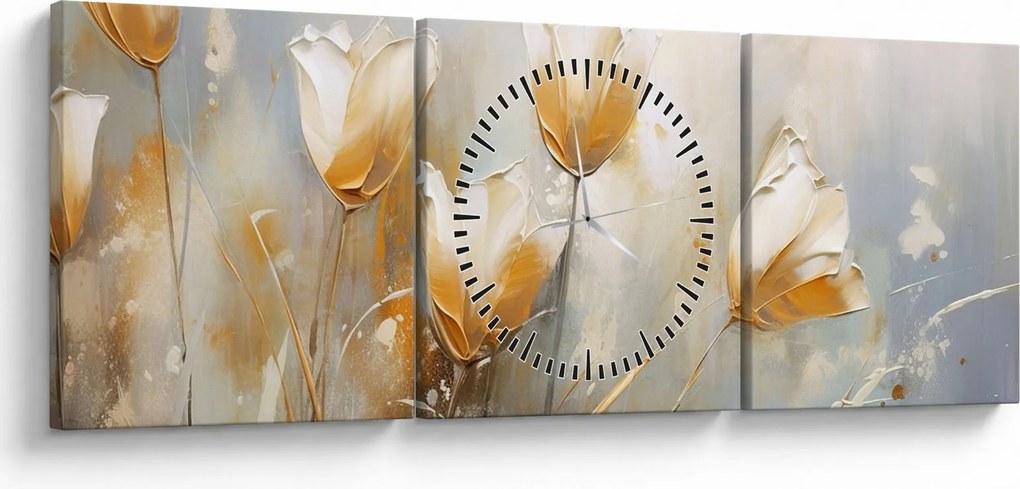 Obraz - Malowanie tulipanów (z zegarem) (90x30 cm)