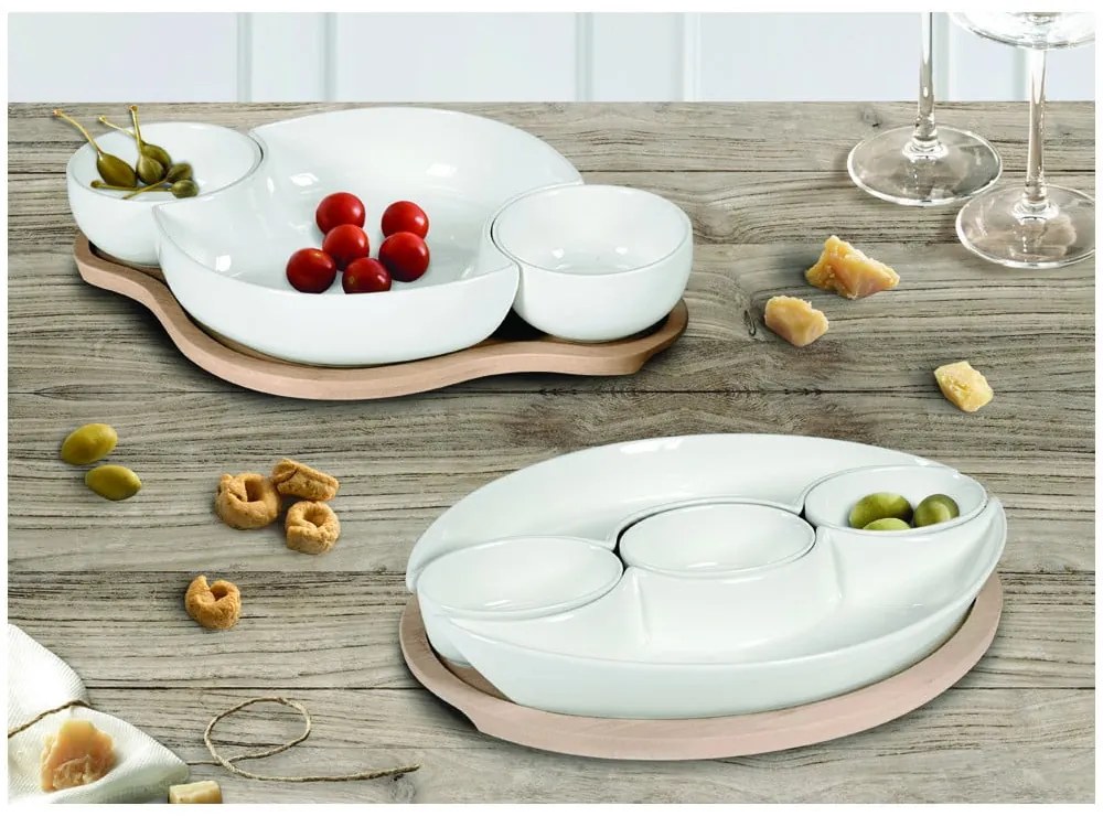 Zestaw 5 białych miseczek do serwowania z porcelany na bambusowej tacy Brandani Plait