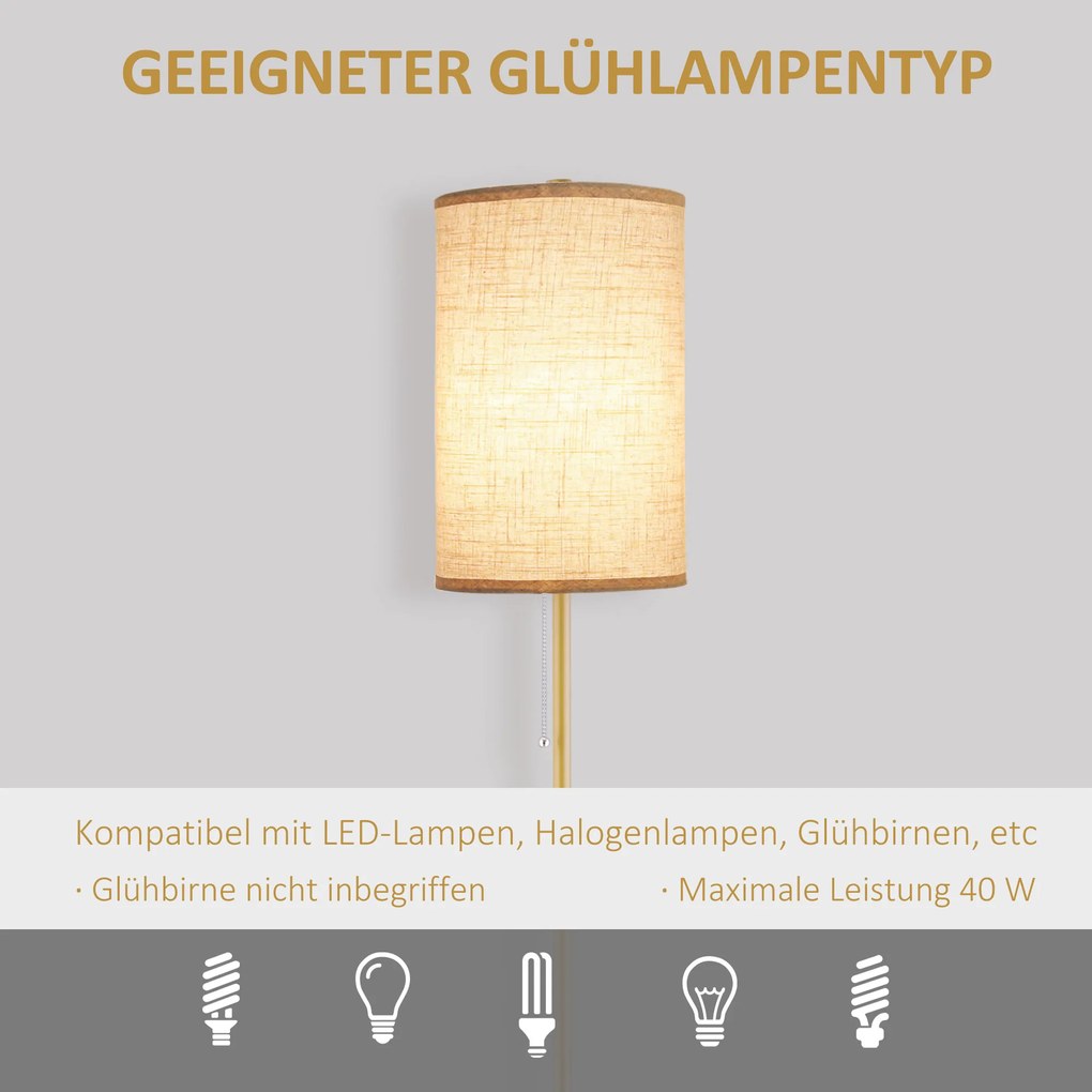 HOMCOM Lampa Stojąca, Elegancka Lampa Podłogowa ze Stali z Abażurem z Tkaniny, Lampa do Salonu, Przełącznik na Łańcuszku, Złoto+Biały