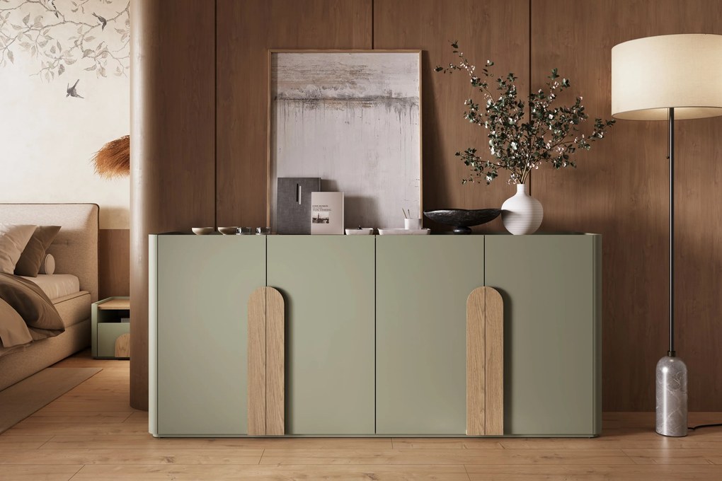 Komoda czterodrzwiowa Amilio 200 cm - eukaliptus / dąb baltic dune / uchwyty dąb naturalny