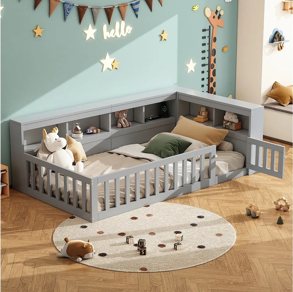 Łóżko dziecięce 90x200 cm - Łóżko pojedyncze z oświetleniem LED i gniazdkami, półką - szare - bez materaca