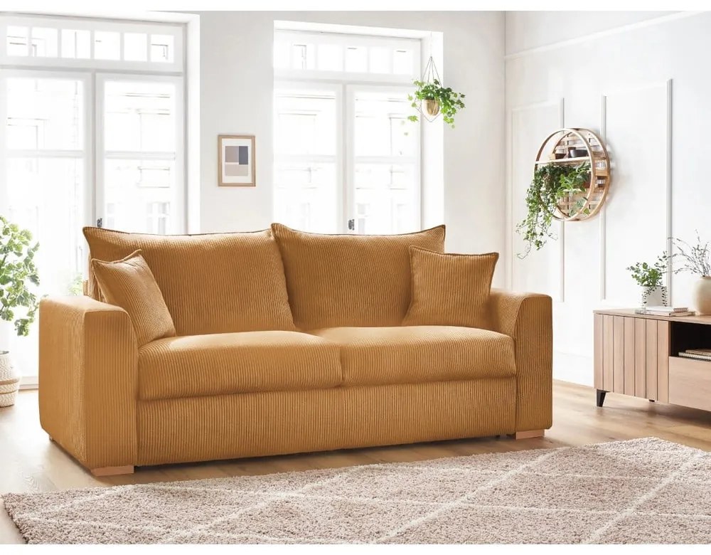 Musztardowa sztruksowa rozkładana sofa 225 cm Augustin – Bobochic Paris