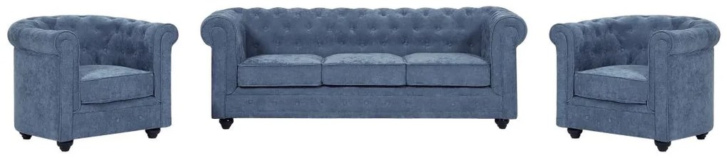 Kanapa 3-osobowa i 2 fotele z niebieskiej tkaniny CHESTERFIELD