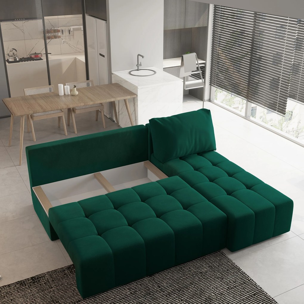 Masseno Narożnik DOMIRA z funkcją spania i pojemnikiem na pościel Narozniki L, Rozkładana sofa - Butelkowa zieleń, KRONOS 19