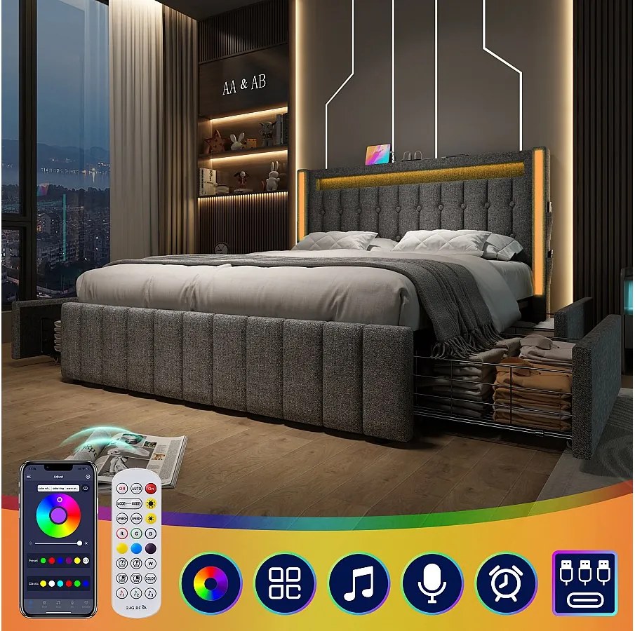 Łóżko tapicerowane 160 x 200 cm z 4 szufladami - Gniazda USB typu C i oświetlenie LED - Tkanina lniana - Szare (bez materaca)