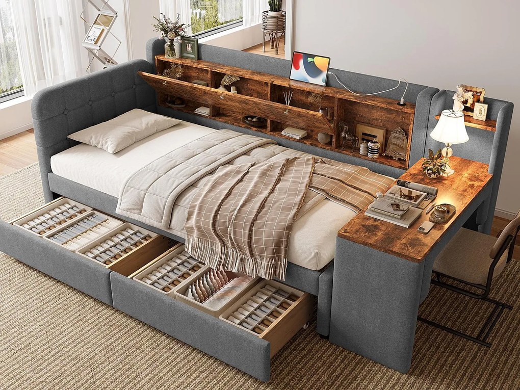 Sofa rozkładana 90×200 cm - z 2 szufladami - z biurkiem - z portami USB + Type C - schowek - szara (materac nie jest zawarty)