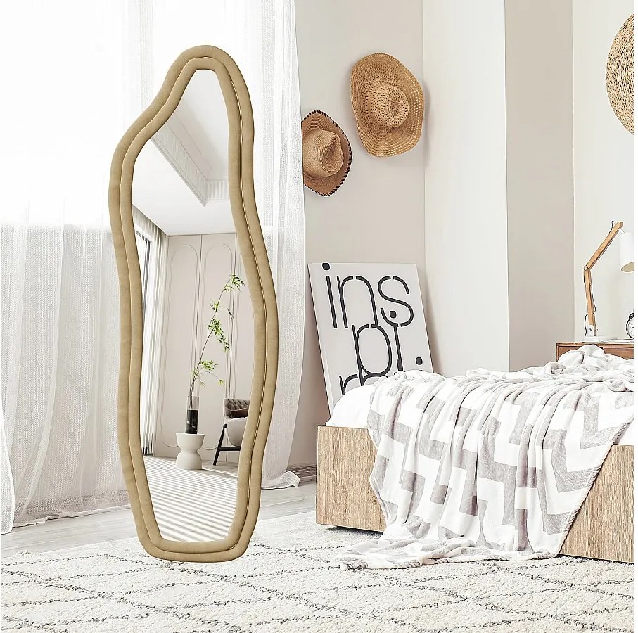 Lustro nieregularne 160×50 cm w złotej aksamitnej ramie – nowoczesny design, szkło hartowane HD