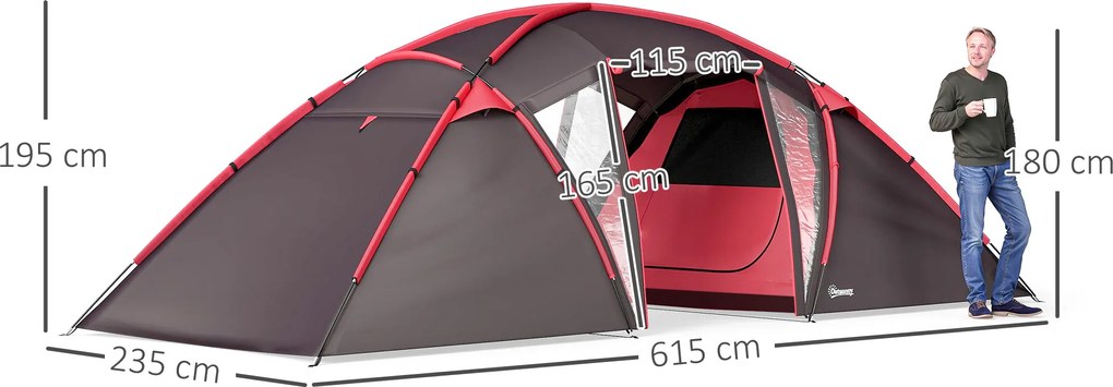 Outsunny Namiot tunelowy dla 4-6 osób, z 3 pokojami, hak na światło, podwójne drzwi, szary