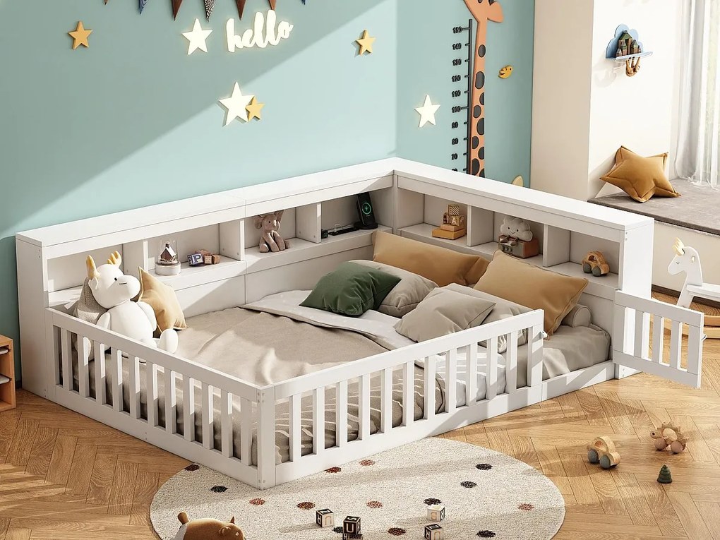 Łóżko dziecięce 140x190 cm - Wezgłowie z miejscem do przechowywania - Stelaż listwowy - z gniazdkiem i portem USB - biały