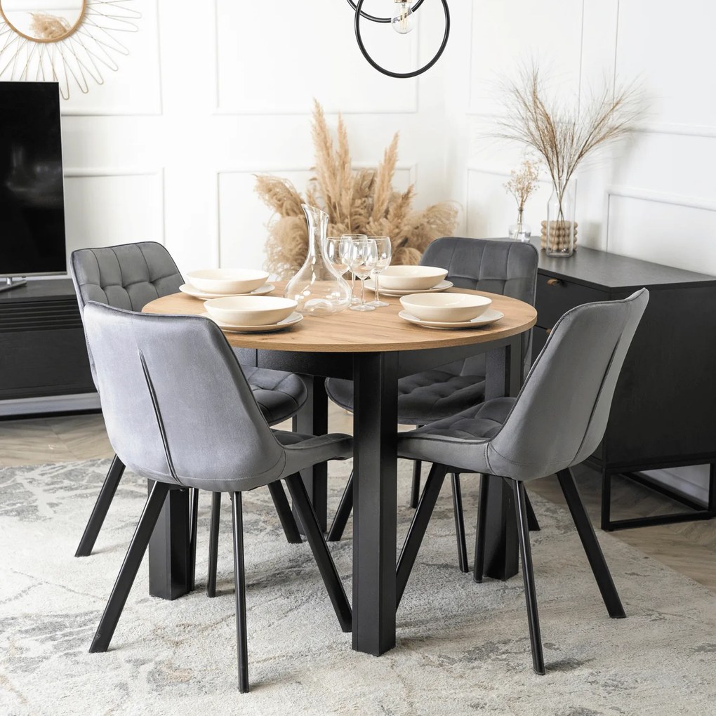 Zestaw Stół Okrągły Rozkładany HARRY 102-142 cm Dąb Craft/Czarny i 4 Krzesła Tapicerowane RICK Szare Nowoczesne