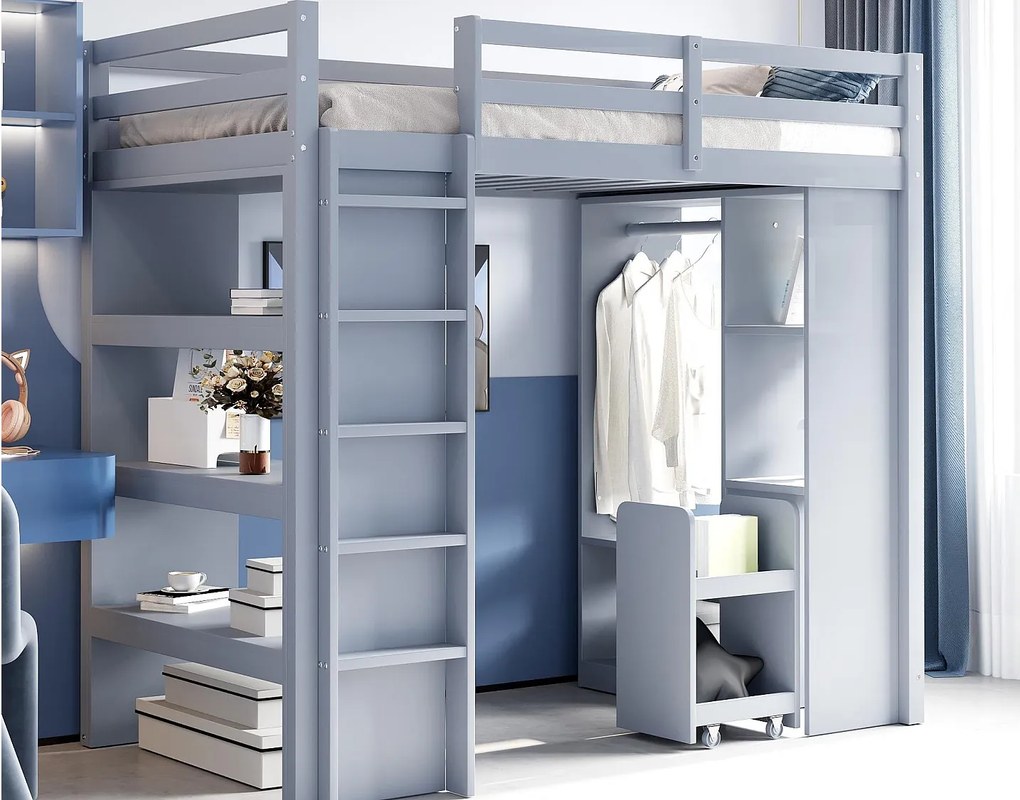 Łóżko antresolowe dziecięce 90×200 cm - z wieszakiem + schowkiem - z 1 mobilnym wózkiem na rzeczy - szare (materac nie jest dołączony)